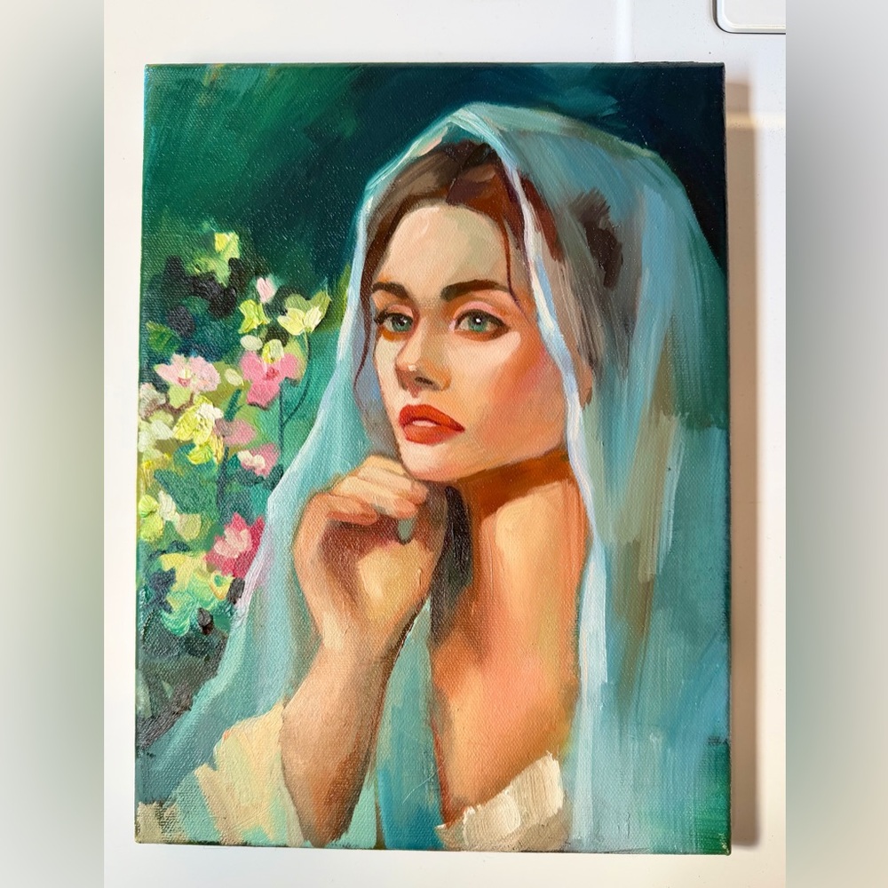 oil paintings original «Portrait with the pink flowers ”, 12x9, oil on canvas